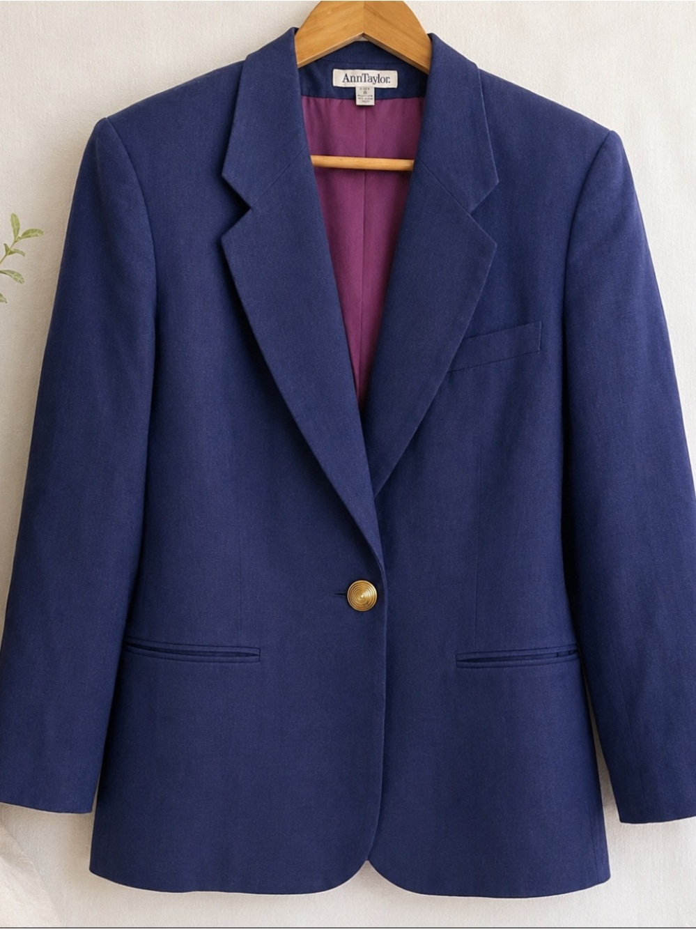 Vintage Ann Taylor Linen Blazer Women 8 Blue Made USA Gold Button 80s 90s